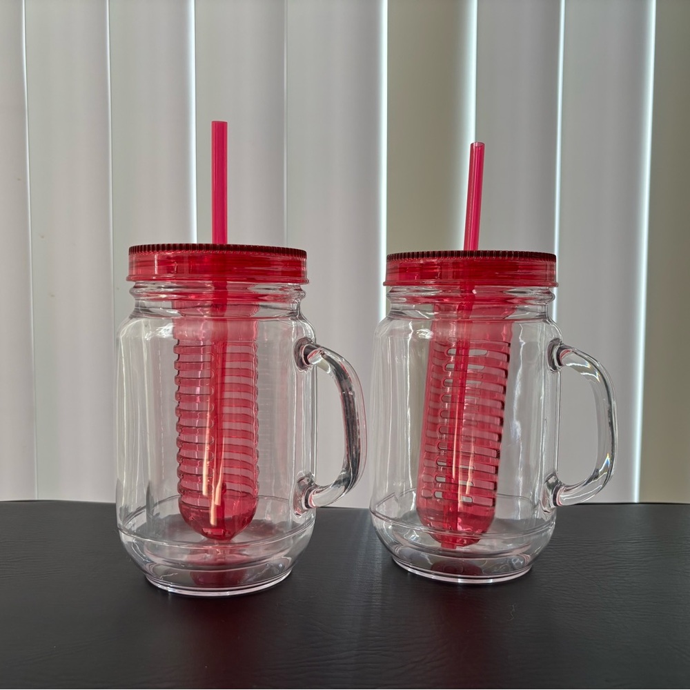 Bundle Hot Pink Plastic Mason Jar Tumblers Infuser Rod and Straw Approx 4x6 inch